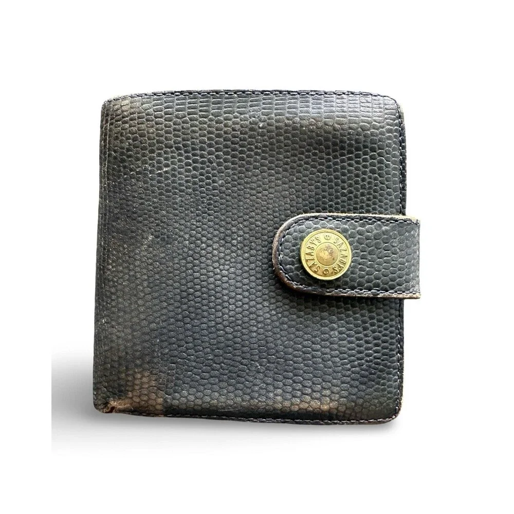🧡Vintage SAZABY Black Lizard Snake Print Leather Bifold Wallet Gold Logo RARE
